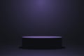 Realistic violet platform, dark purple stage with empty pedestal. 3d round podium for product display show. Vector